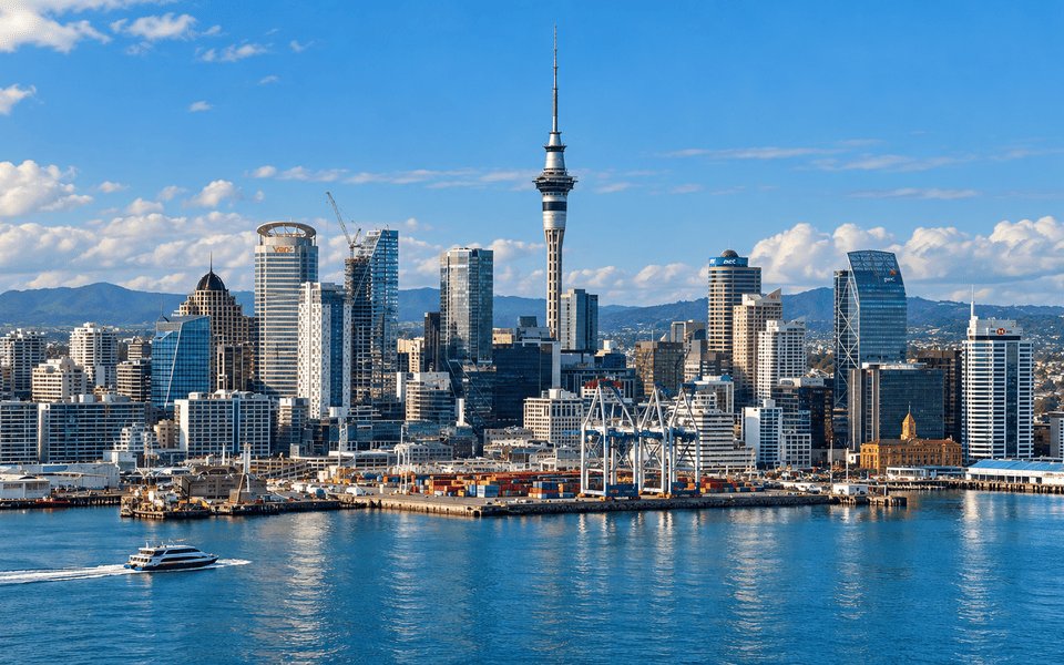 Auckland skyline with Sky Tower across Waitematā Harbour, ferry and port cranes in the foreground