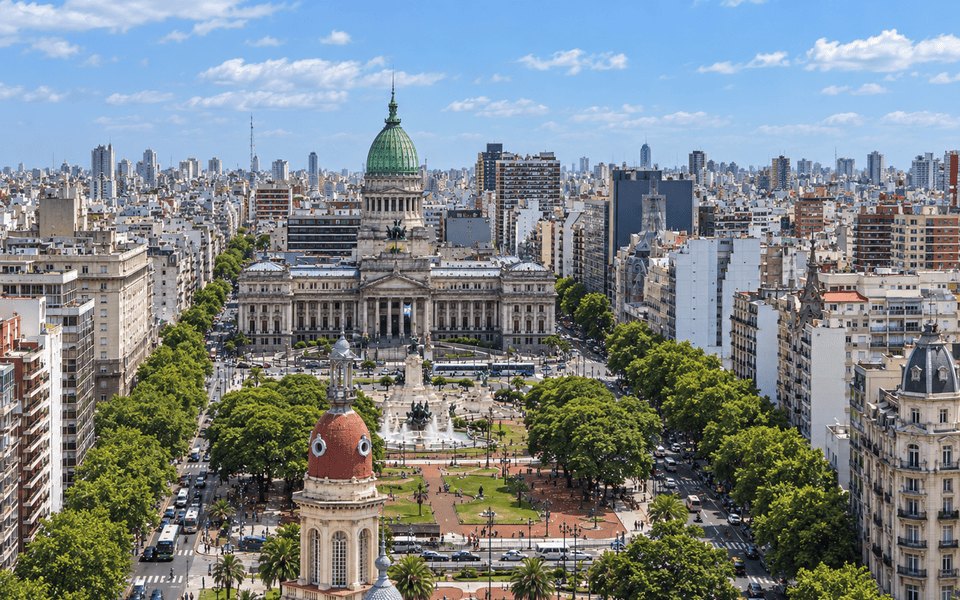 High-angle view of the Palace of the Argentine National Congress green dome overlooking Plaza del Congreso in Buenos Aires