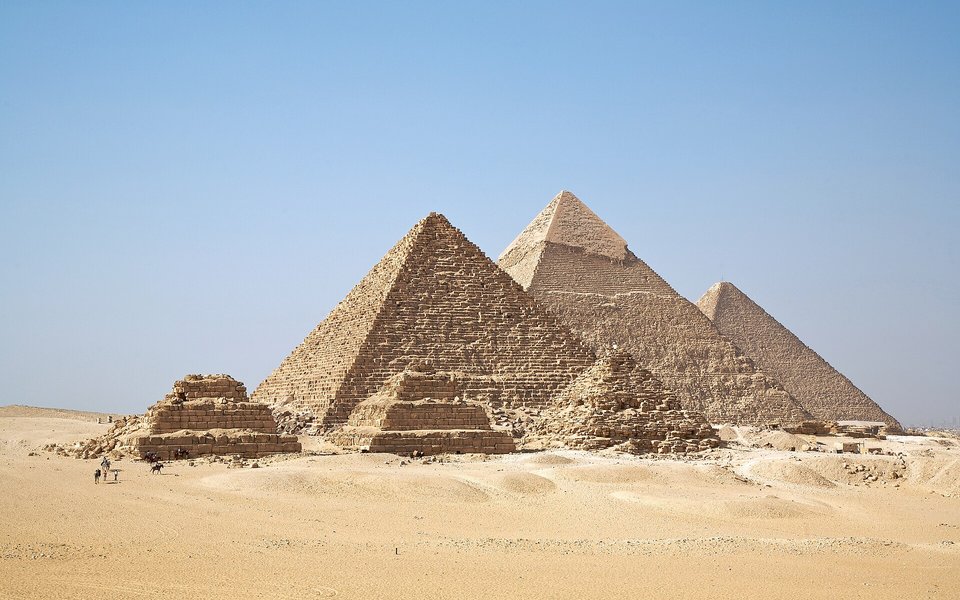 The Pyramids of Giza rising from the desert near Cairo, Egypt