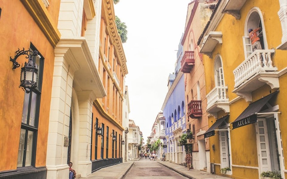 Colourful colonial balconies and streets in Cartagena, Colombia