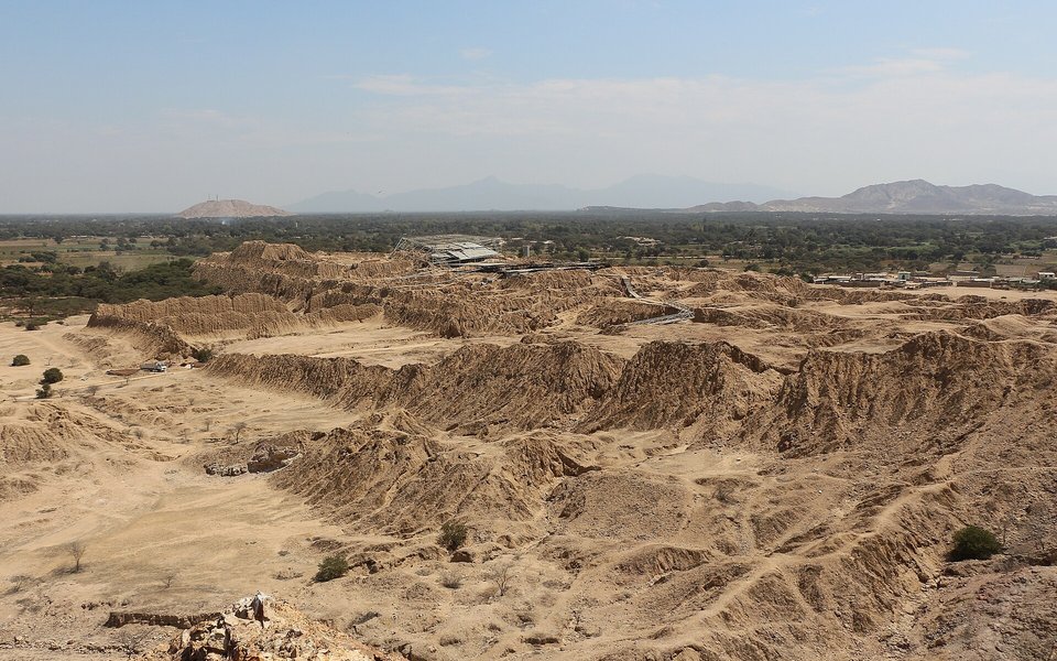 Elevated view of the ancient Túcume adobe pyramids and archaeological site near Chiclayo, Peru