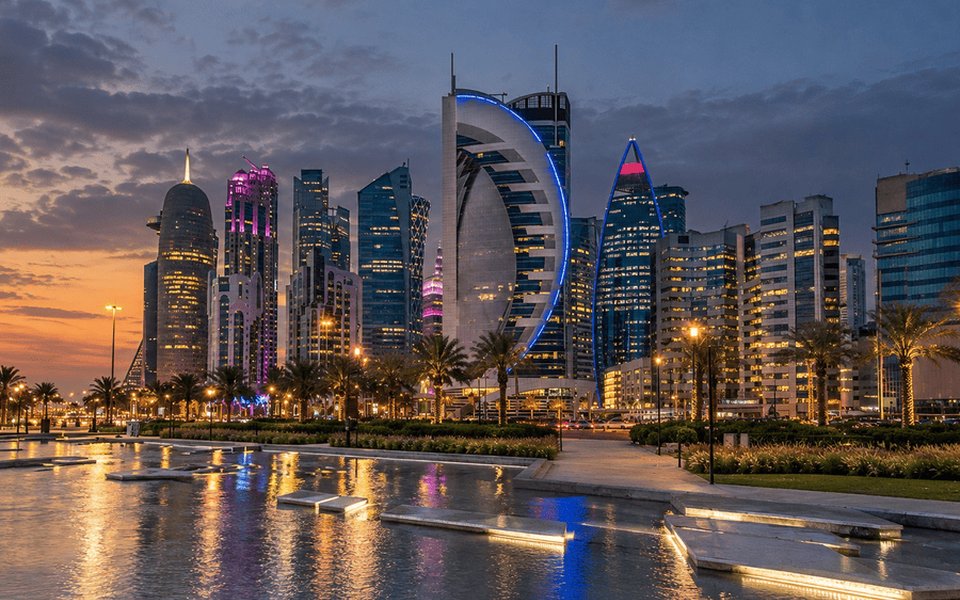 Doha West Bay skyline at twilight with reflective plaza pools and palms