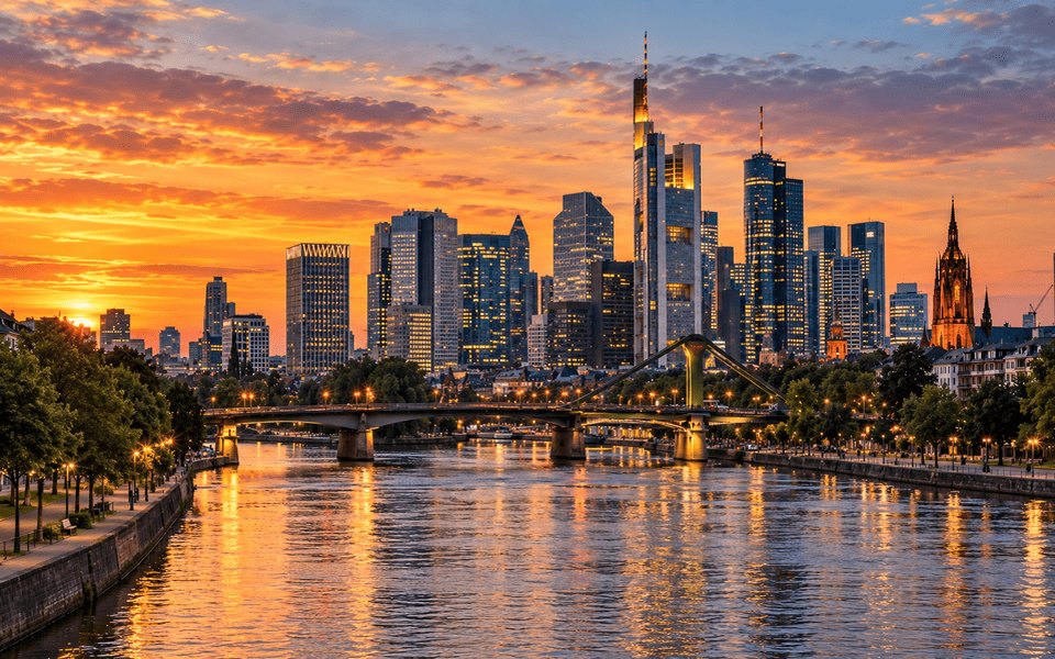 Frankfurt skyline at sunset reflecting in the Main River, with illuminated skyscrapers and the Frankfurt Cathedral spire