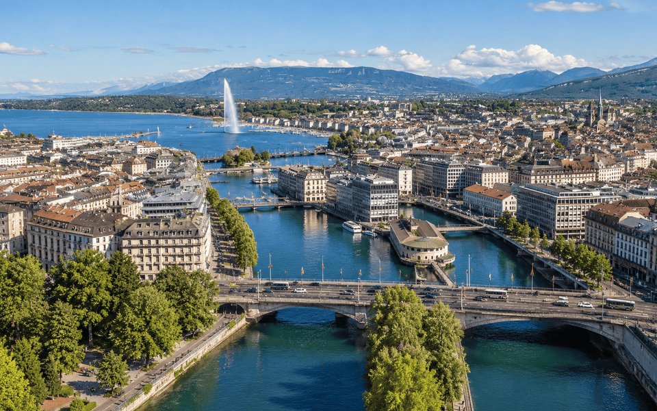 Aerial view of Geneva with the Jet d'Eau on Lake Geneva, Rhône bridges and mountains beyond