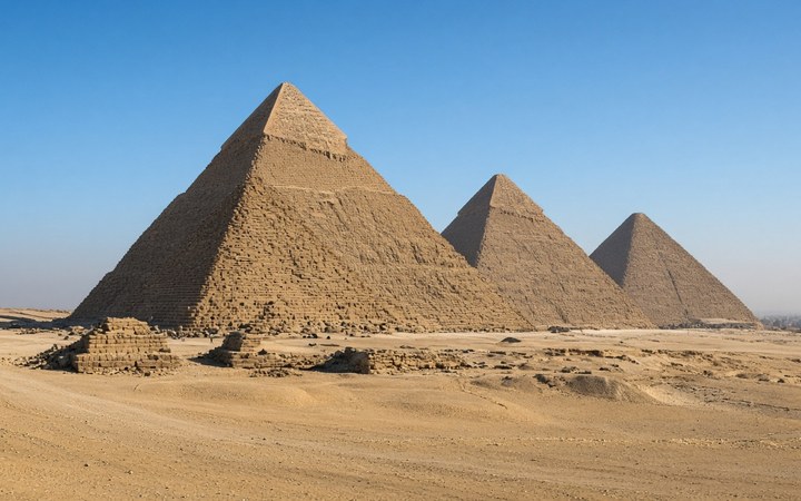 The Great Pyramids of Giza on the desert plateau under a clear blue sky