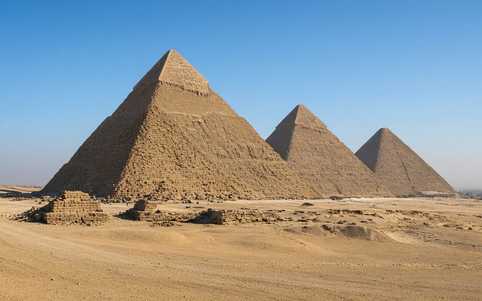 The Great Pyramids of Giza on the desert plateau under a clear blue sky