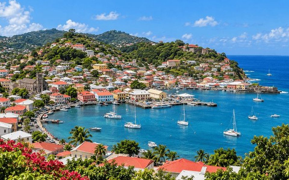 Lush green coastline and hills around St. George's, Grenada