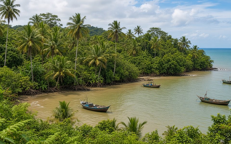 Wide river and tropical shoreline near Georgetown, Guyana