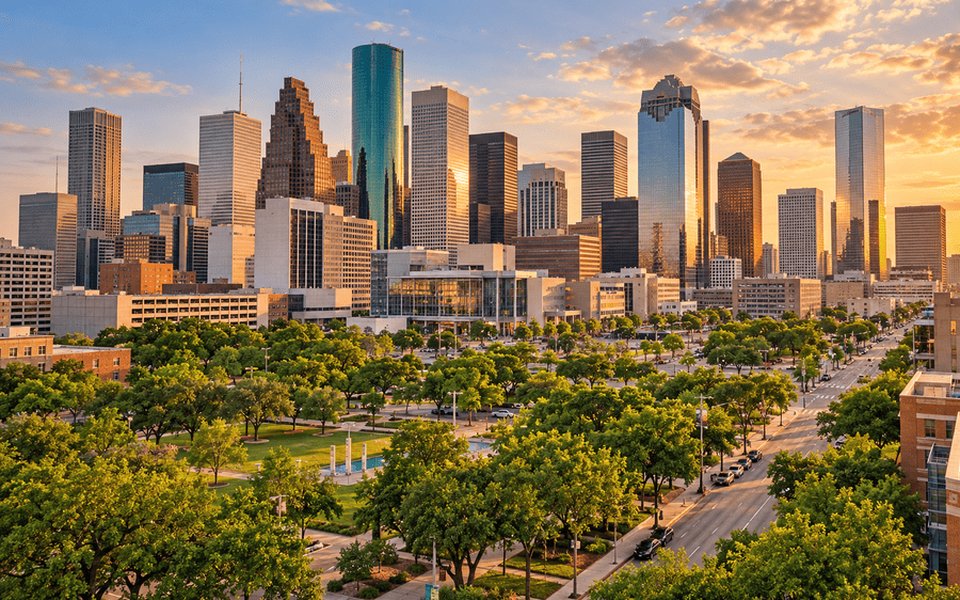 Houston skyline at golden hour rising above a green city park under a warm sunset sky