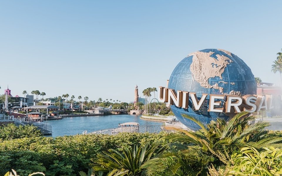 Universal Studios globe and lagoon at Universal Orlando Resort on a sunny day