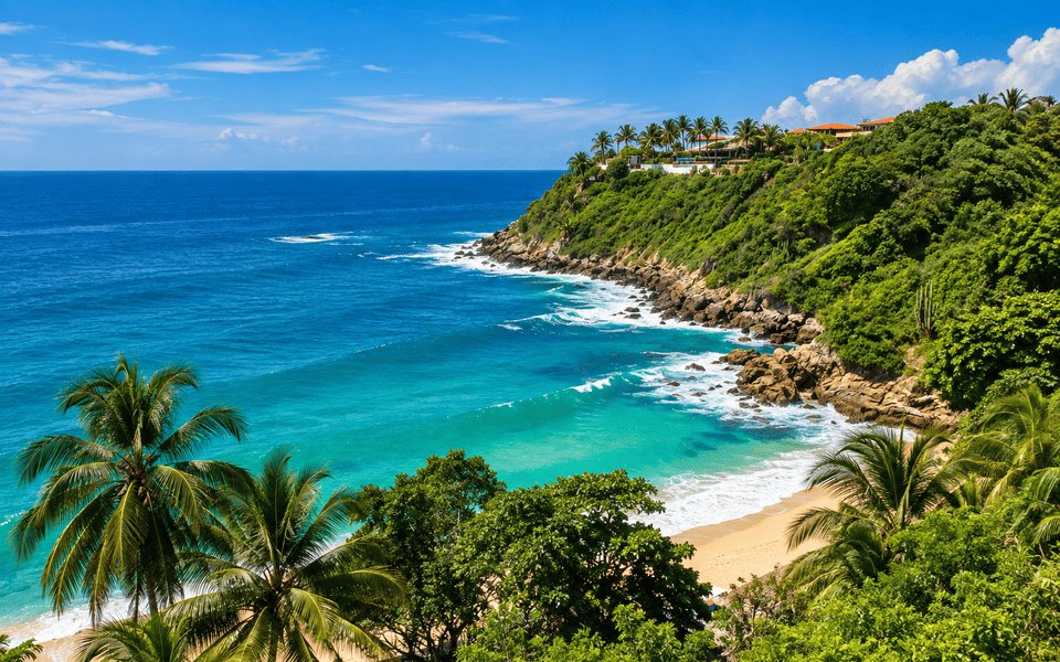 Turquoise cove and red-tiled cliffside villas overlooking Playa Carrizalillo in Puerto Escondido, Oaxaca