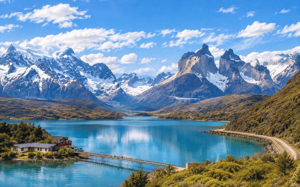 Turquoise lake and mountain lodge beneath the Cuernos del Paine near Puerto Natales, Chile