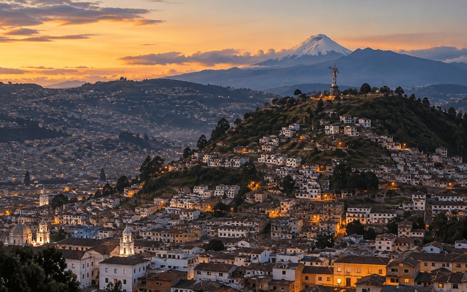 Quito historic centre at twilight with El Panecillo / Virgen de Quito and Cotopaxi