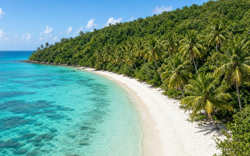 Curved white sand beach and turquoise Caribbean water below palm-covered hills on Roatán