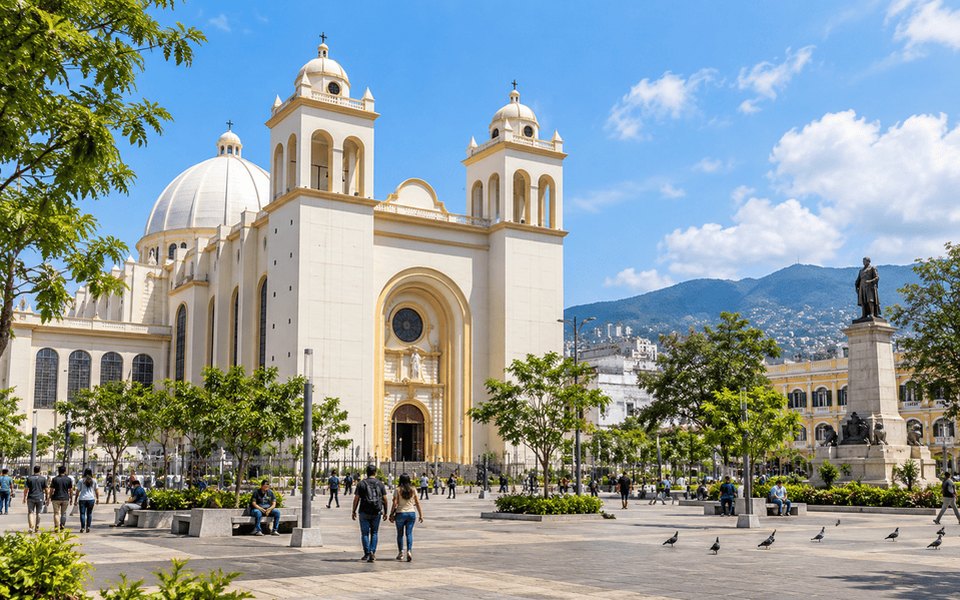 White Metropolitan Cathedral and Plaza Gerardo Barrios in San Salvador, with the equestrian monument and mountains beyond