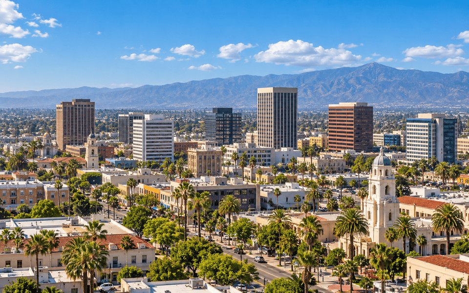 Pasadena City Hall dome and surrounding Southern California skyline with palm trees and mountains beyond