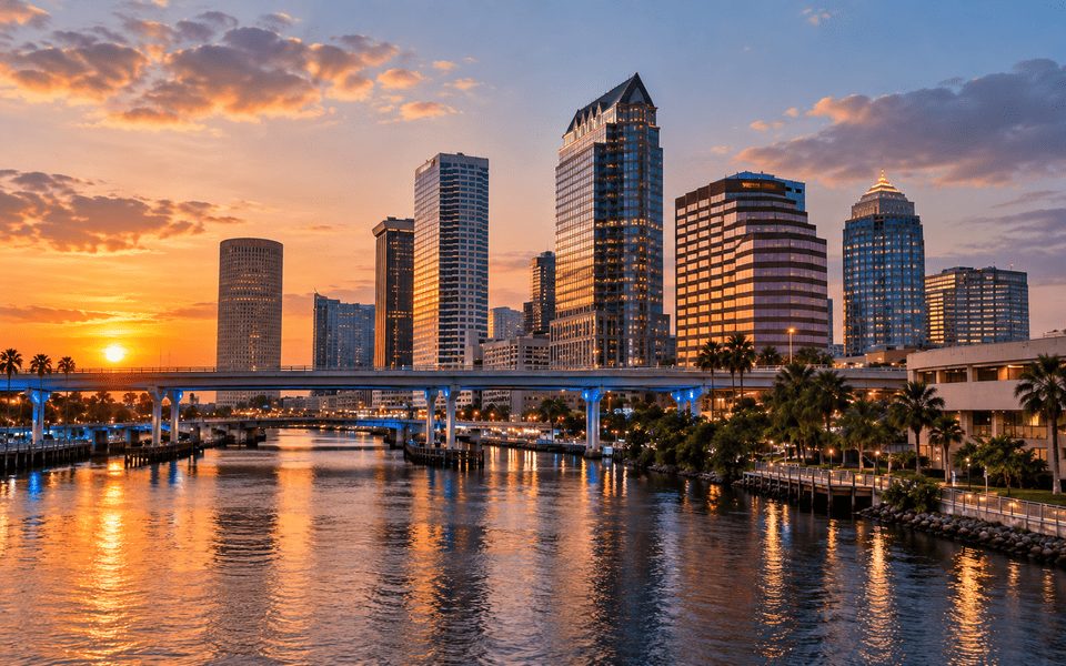 Tampa skyline at sunset with golden light on skyscrapers, a blue-lit bridge and palm-lined waterfront