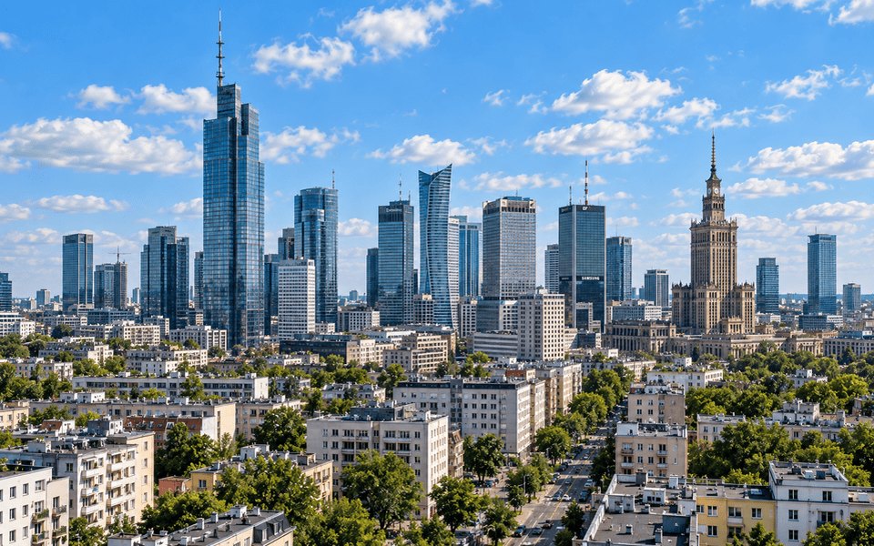 Warsaw skyline with the Palace of Culture and Science and modern glass skyscrapers under a clear blue sky